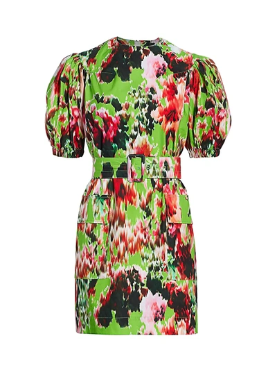 Shop Msgm Women's Belted Floral Cotton Puff-sleeve Dress In Green