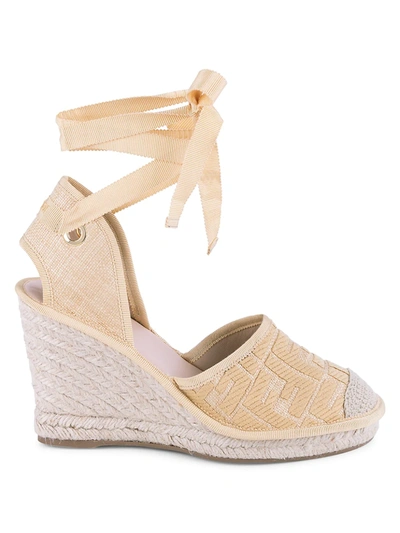 Shop Fendi Ff Logo Ankle-wrap Espadrille Wedge Sandals In Natural