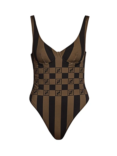 Shop Fendi Checkered One-piece Swimsuit In Tobacco Moro