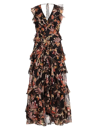 Shop Zimmermann Wavelength Frilled Floral Silk Maxi Dress In Black Phoenix