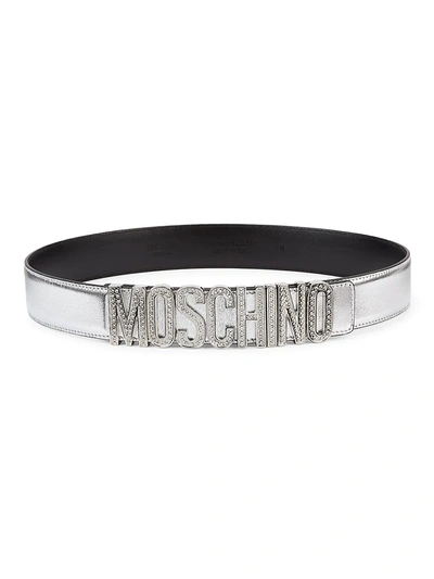 Shop Moschino Crystal-embellished Logo Metallic Leather Belt In Nickel