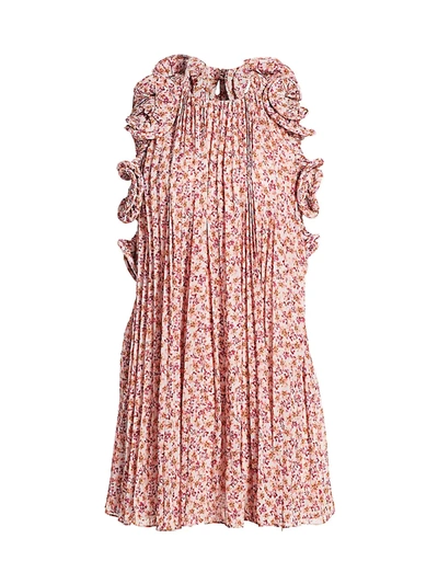 Shop Amur Mimi Halter Ruffle Pleated Mini Dress In Orchid Hush Ditsy Rosa