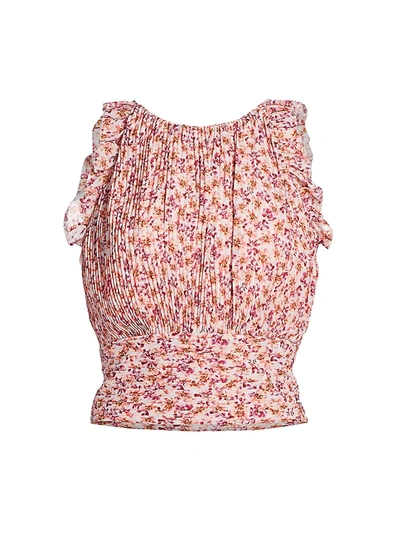 Shop Amur Caelynn Pleated Print Crop Top In Orchid Hush Ditsy Rosa