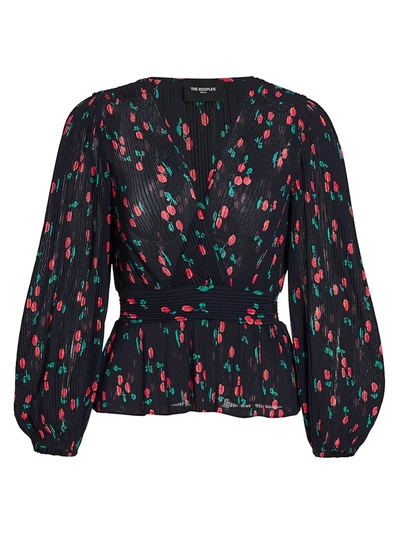 Shop The Kooples Pleated Cherry Print Blouse In Navy