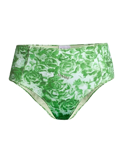 Shop Ganni Recycled Rose Print High-waist Bikini Bottoms In Patina Green