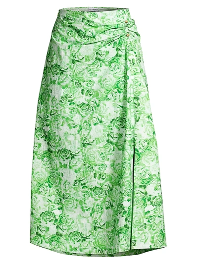 Shop Ganni Women's Printed Cotton Poplin Skirt In Island Green