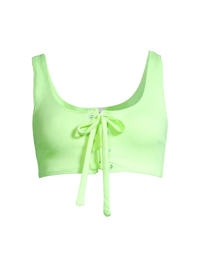 Shop Ganni Textured Lace-up Bikini Top In Patina Green