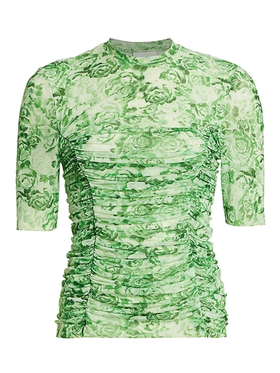 Shop Ganni Ruched Rose Print Mesh Top In Island Green