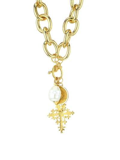 Shop Kenneth Jay Lane Women's 22k Yellow Goldplated & Faux Pearl Heart Pendant Necklace