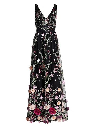 Shop Marchesa Notte Women's Embroidered Flower Gown In Black