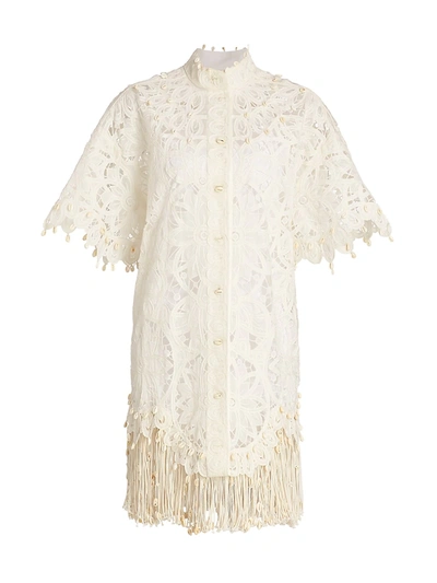Shop Zimmermann Women's Wavelength Fringe Silk Shirtdress In Ivory