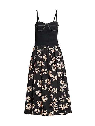 Shop Marina Moscone Smocked Cotton Bustier Midi Dress In Black Pale Peach