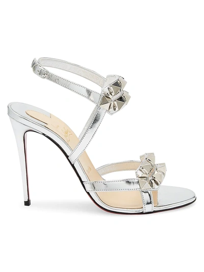 Shop Christian Louboutin Women's Galerietta Studded Metallic Leather Sandals In Silver