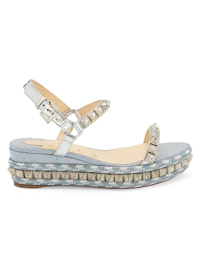 Shop Christian Louboutin Women's Pira Ryad Studded Glitter Platform Wedge Sandals In Silver