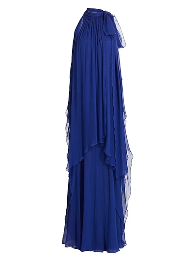 Shop Alberta Ferretti Tieneck Chiffon Halter Gown In Blue