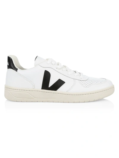 Shop Veja Men's V-10 Leather Low-top Sneakers In White Black