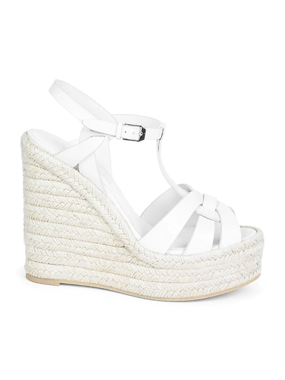 Shop Saint Laurent Tribute Leather Espadrille Wedge Sandals In Porcelain