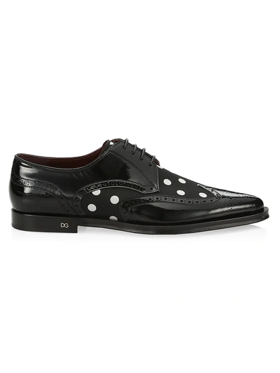 Shop Dolce & Gabbana Men's Leather & Dot-print Derby Shoes In Pois Bianco