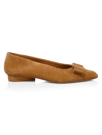 Shop Ferragamo Viva Bow Suede Ballerina Flats In Beechwood