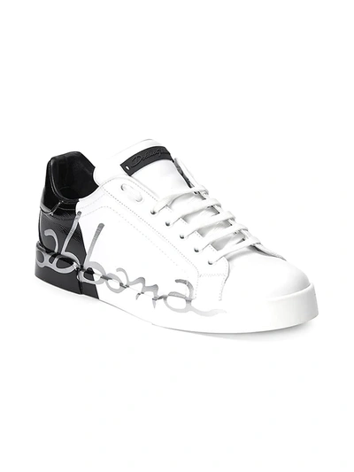 Shop Dolce & Gabbana Men's Portofino Script Leather Sneakers In White Black