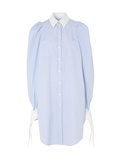 Shop Burberry Pinstripe Shirtdress In Pale Blue