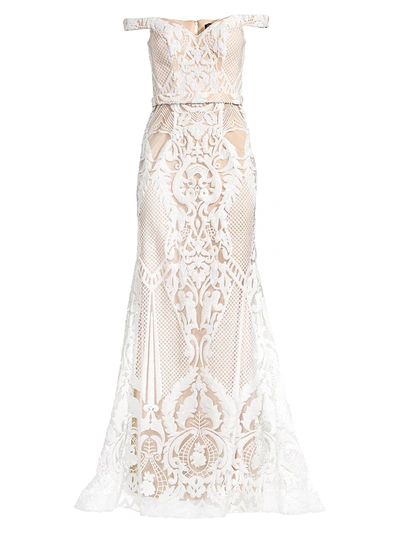 Shop Jovani Lace Off-the-shoulder Gown In Off White