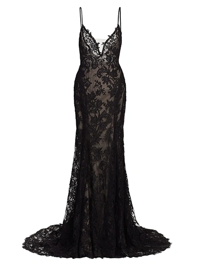 Shop Monique Lhuillier Women's Lace Slip Sheath Gown In Black