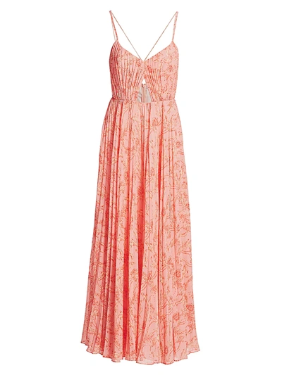 Shop Amur Lucy Pleated Cutout Strappy Maxi Dress In Peach Cream Block Paisely