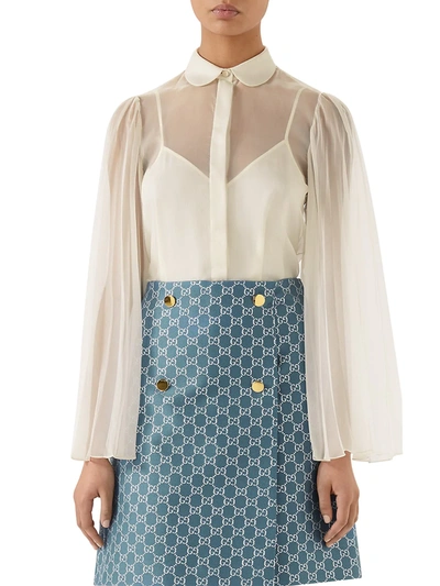 Shop Gucci Women's Long-sleeve Ruffle-sleeve Silk Polyester Button-down Blouse In Almond Flower