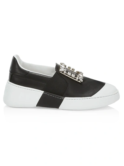 Shop Roger Vivier Viv Skate Strass Leather Sneakers In White Black