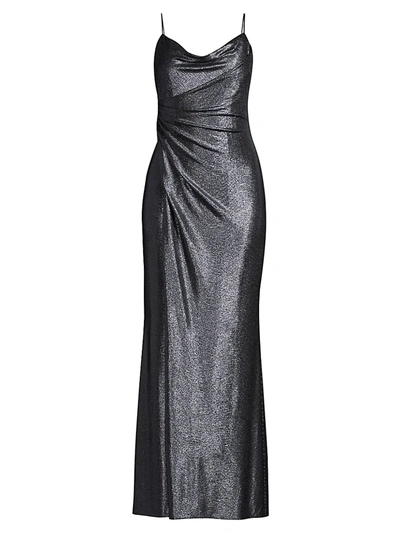 Shop Aidan Mattox Metallic Cowlneck Gown In Blue Black