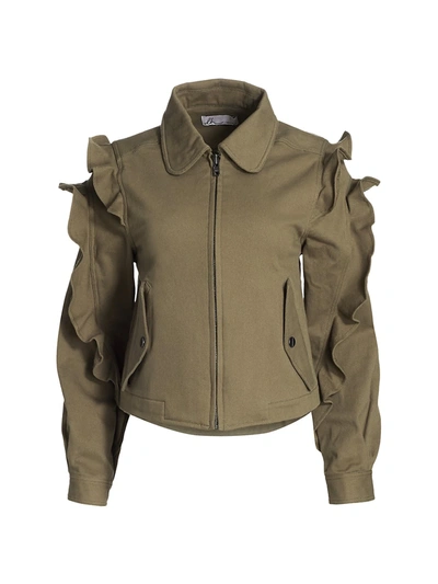 Shop Dh New York Ruffle-sleeve Zip Jacket In Safari Green