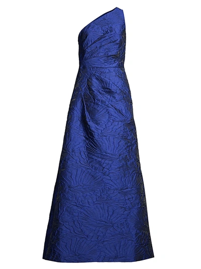 Shop Aidan Mattox One-shoulder Floral Jacquard A-line Gown In Cobalt