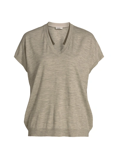 Shop Brunello Cucinelli Wool & Cashmere Short-sleeve Monili Knit T-shirt In Light Grey