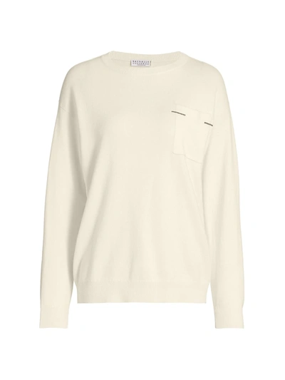Shop Brunello Cucinelli Cashmere Monili Pocket Crewneck Sweater In White