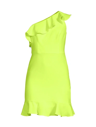 Shop Aidan Mattox Crepe Flounce One-shoulder Dress In Neon Yellow