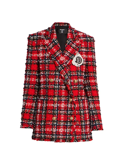 Shop Balmain Women's Tartan Tweed Oversized Jacket In Mau Rouge Multi