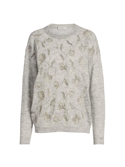 Shop Brunello Cucinelli Mohair & Alpaca Floral Embellished Knit Sweater In Light Grey