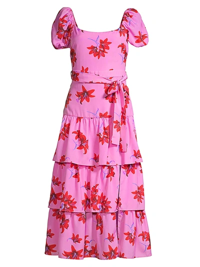 Shop Likely Lottie Puff-sleeve Floral Midi Dress In Red Pink Multi