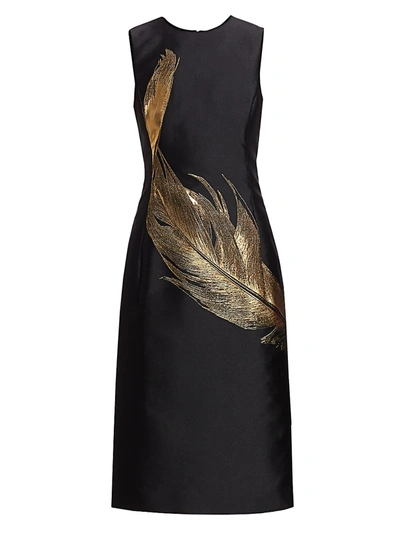 Shop Oscar De La Renta Women's Embroidered Metallic Feather Sheath Dress In Black Gold