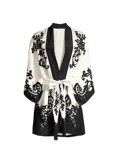Shop Natori Women's Kumiko Embroidered Silk Wrap In White Black