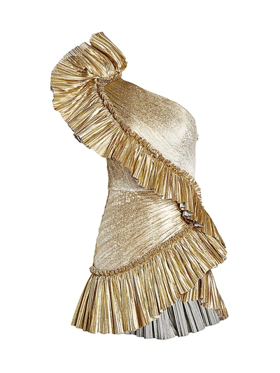 Shop Raisa Vanessa Women's One-shoulder Metalic Mini Ruffle A-line Dress In Gold