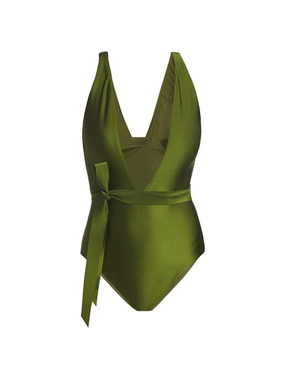 Shop Zimmermann Empire Plunging Tie-waist One-piece Swimsuit In Khaki