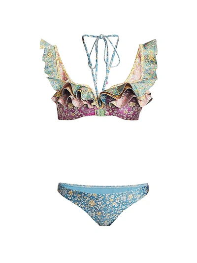 Shop Zimmermann Carnaby Two-piece Floral Frill Bikini Set In Spliced