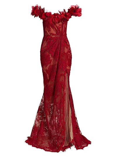 Shop Marchesa Women's Floral Lace Off-the-shoulder Gown In Scarlet