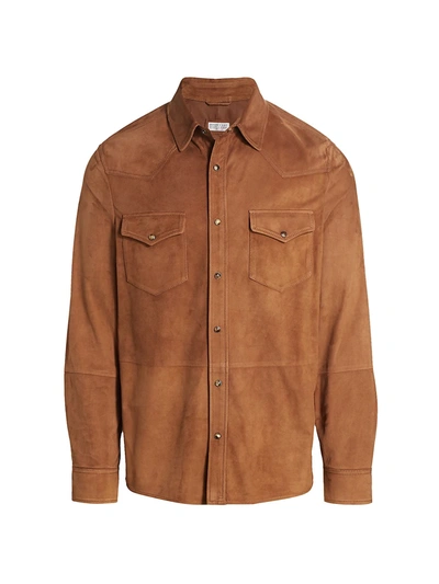 Shop Brunello Cucinelli Men's Suede Shirt Jacket In Med Brown