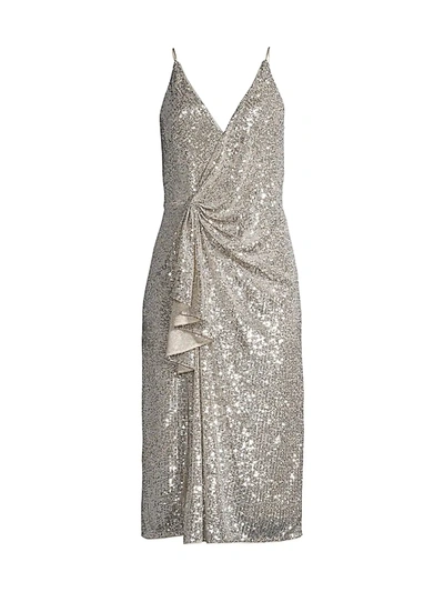 Shop Aidan Mattox Draped Sequin Dress In Champagne Silver