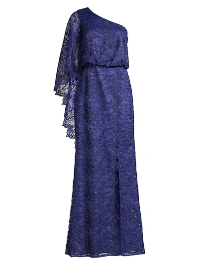 Shop Aidan Mattox Lace One-shoulder Gown In Navy