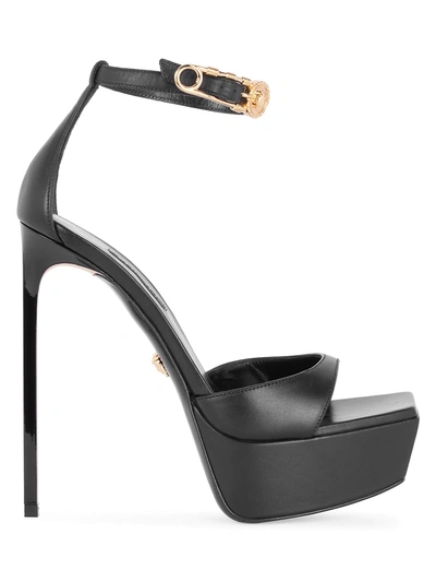 Shop Versace Women's Safety Pin Leather Platform Sandals In Nero
