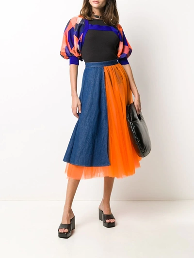 Shop Junya Watanabe Denim Panelled Flared Skirt In Blue